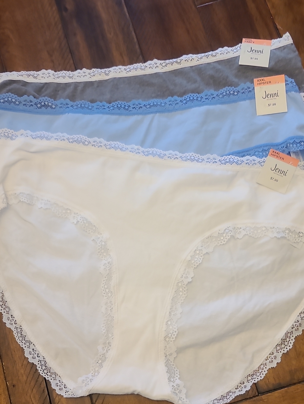 Jenni Lace-Trim Hipster Panties - White, Light Blue & Gray Trio